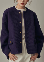 Simple Purple O Neck Button Cotton Coat Winter