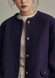 Simple Purple O Neck Button Cotton Coat Winter