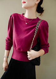 Simple Purple O Neck Patchwork Cozy Cotton Knit Top Fall