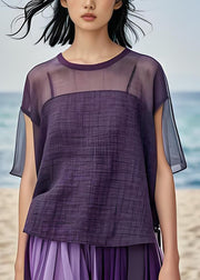 Simple Purple O Neck Plus Size Cotton Top Summer