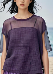 Simple Purple O Neck Plus Size Cotton Top Summer