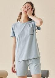 Simple Purple O-Neck Pocket Comfy Modal Cotton Pajamas Two Pieces Set Summer