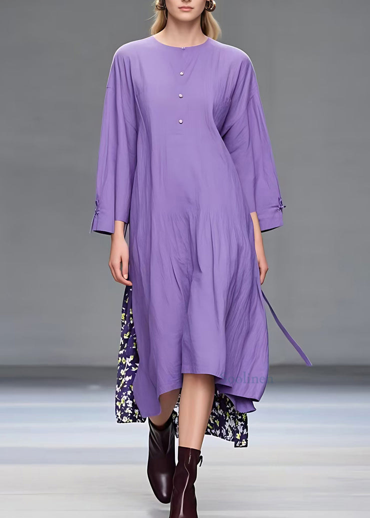 Simple Purple O-Neck Print Patchwork Long Dress Fall