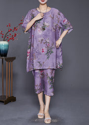 Simple Purple Oversized Print Linen Silk Two Pieces Set Summer