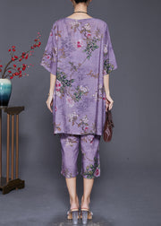 Simple Purple Oversized Print Linen Silk Two Pieces Set Summer