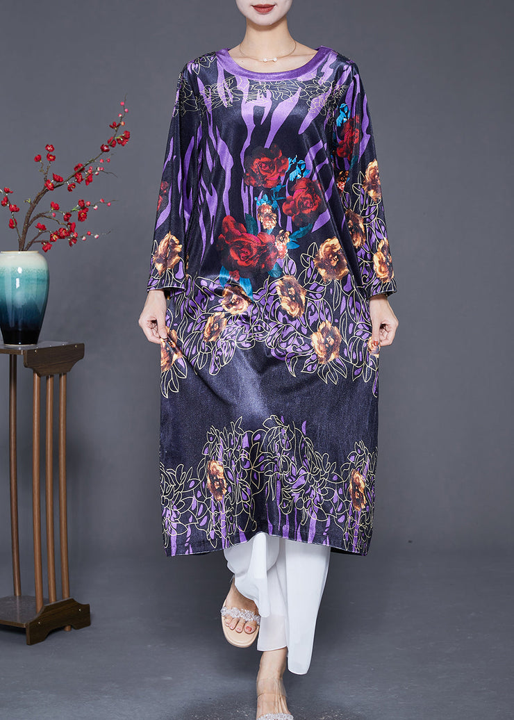 Simple Purple Oversized Print Silk Velour Holiday Dress Spring