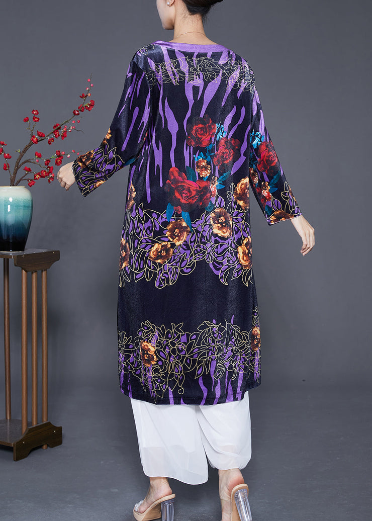 Simple Purple Oversized Print Silk Velour Holiday Dress Spring