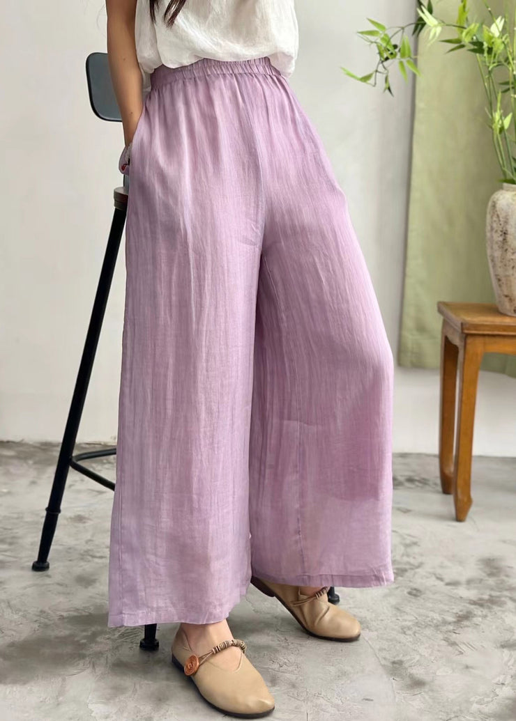 Simple Purple Pockets Elastic Waist Linen Wide Leg Pants Summer