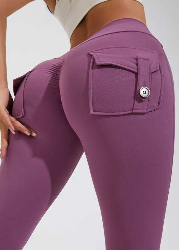 Simple Purple Pockets High Waist Nylon Butt Scrunch Yoga Pants