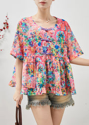 Simple Purple Print Chinese Button Cotton Shirt Tops Summer