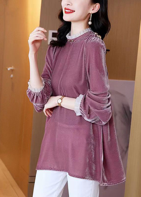 Simple Purple Ruffled Patchwork Velour Shirt Top Fall