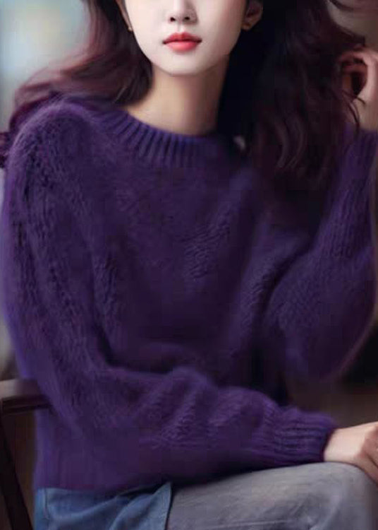 Simple Purple Solid Cozy Cotton Knit Top Long Sleeve