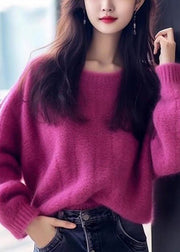 Simple Purple Solid O Neck Cozy Cotton Knit Sweaters Long Sleeve