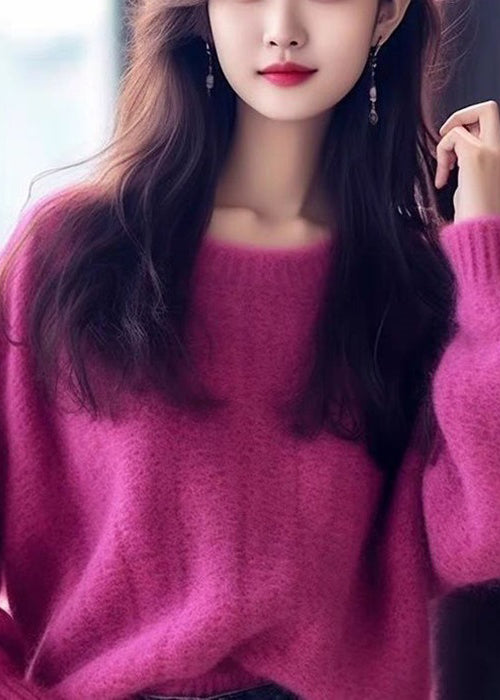 Simple Purple Solid O Neck Cozy Cotton Knit Sweaters Long Sleeve