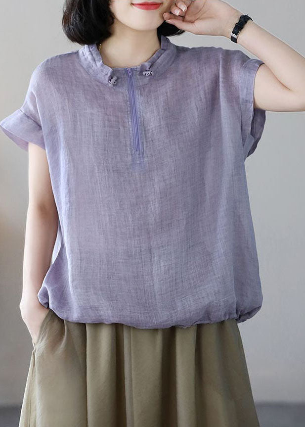 Simple Purple Stand Collar Zip Up Cotton Loose Sweatshirts Top Short Sleeve