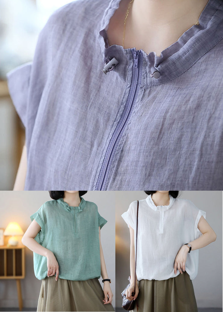 Simple Purple Stand Collar Zip Up Cotton Loose Sweatshirts Top Short Sleeve