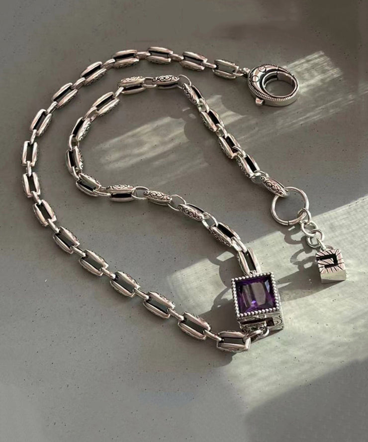 Simple Purple Sterling Silver Crystal Pendant Necklace