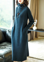 Simple Purple Turtleneck Pockets Cashmere Long Dresses Long Sleeve