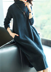 Simple Purple Turtleneck Pockets Cashmere Long Dresses Long Sleeve