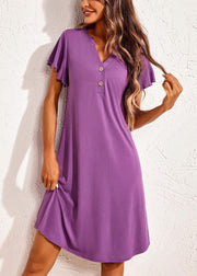 Simple Purple V Neck Button Cotton Pajamas Dress Summer