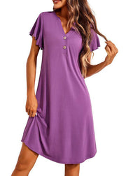 Simple Purple V Neck Button Cotton Pajamas Dress Summer