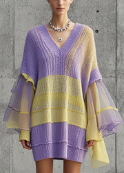 Simple Purple V Neck Patchwork Tulle Sweater Dress Fall