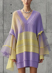 Simple Purple V Neck Patchwork Tulle Sweater Dress Fall