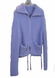 Simple Purple Zip Up Pockets Patchwork Knit Coats Fall