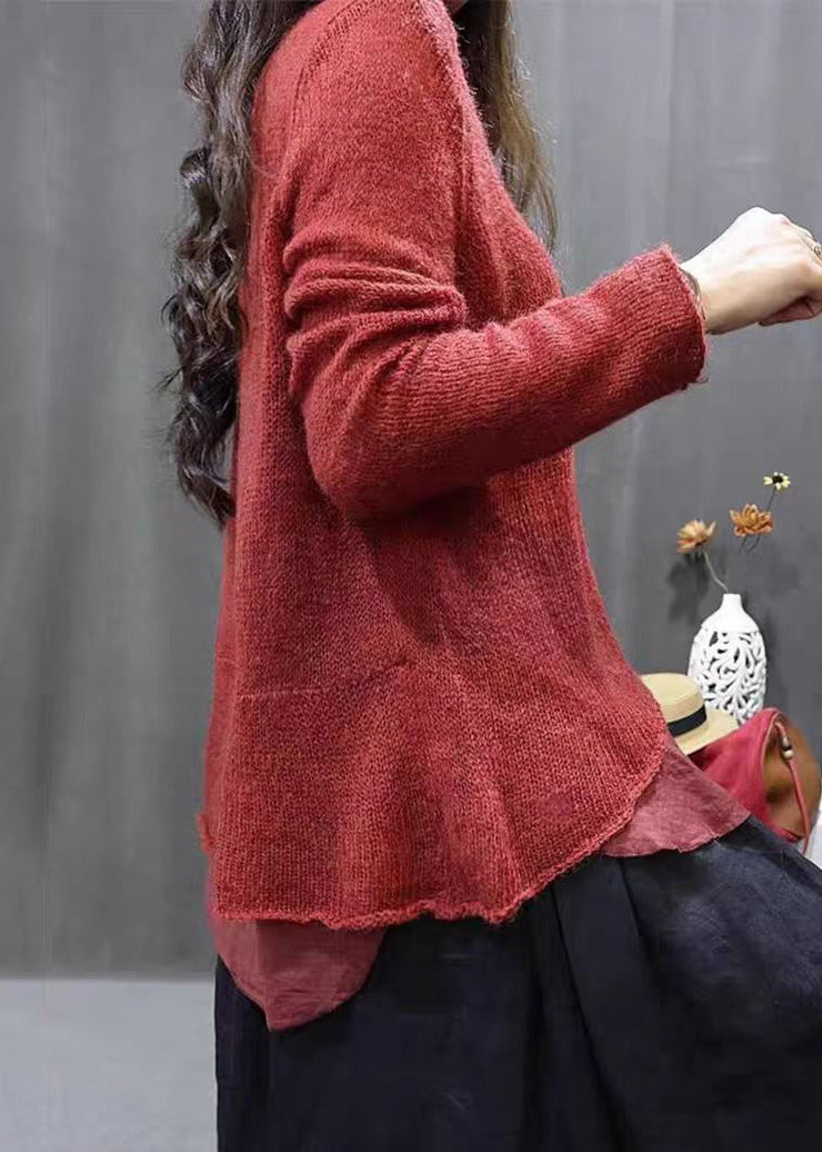 Simple Red Asymmetrical Patchwork Cotton Knit Tops Long Sleeve