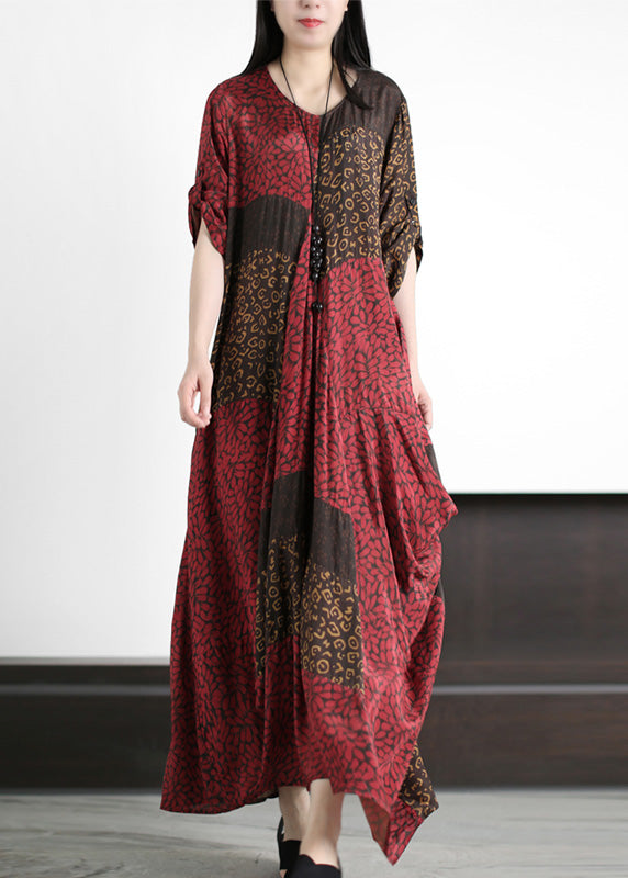 Simple Red Asymmetrical Print Silk Long Dress Short Sleeve