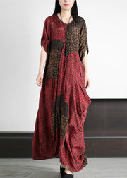 Simple Red Asymmetrical Print Silk Long Dress Short Sleeve