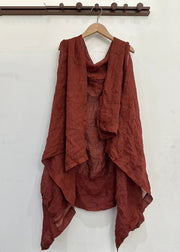 Simple Red Asymmetrical Solid Linen Cardigan Sleeveless