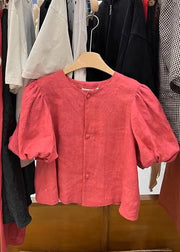 Simple Red Button O-Neck Patchwork Cotton Shirts Puff Sleeve