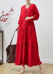 Simple Red Cinched Lace Patchwork Cotton Dresses Fall