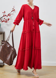 Simple Red Cinched Lace Patchwork Cotton Dresses Fall