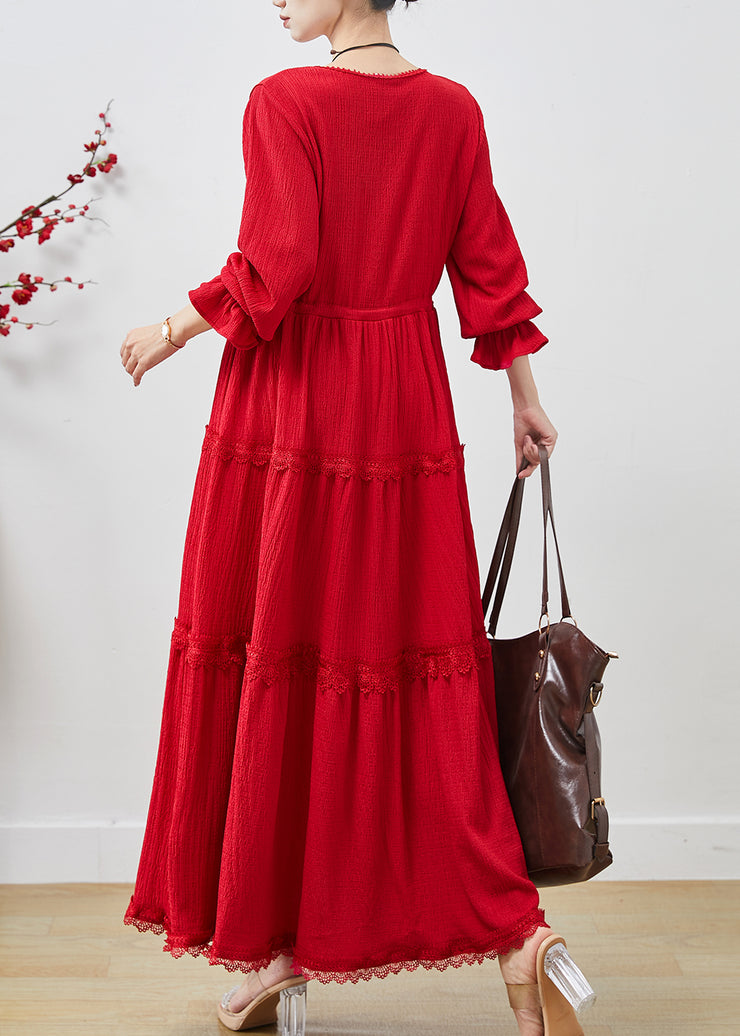 Simple Red Cinched Lace Patchwork Cotton Dresses Fall