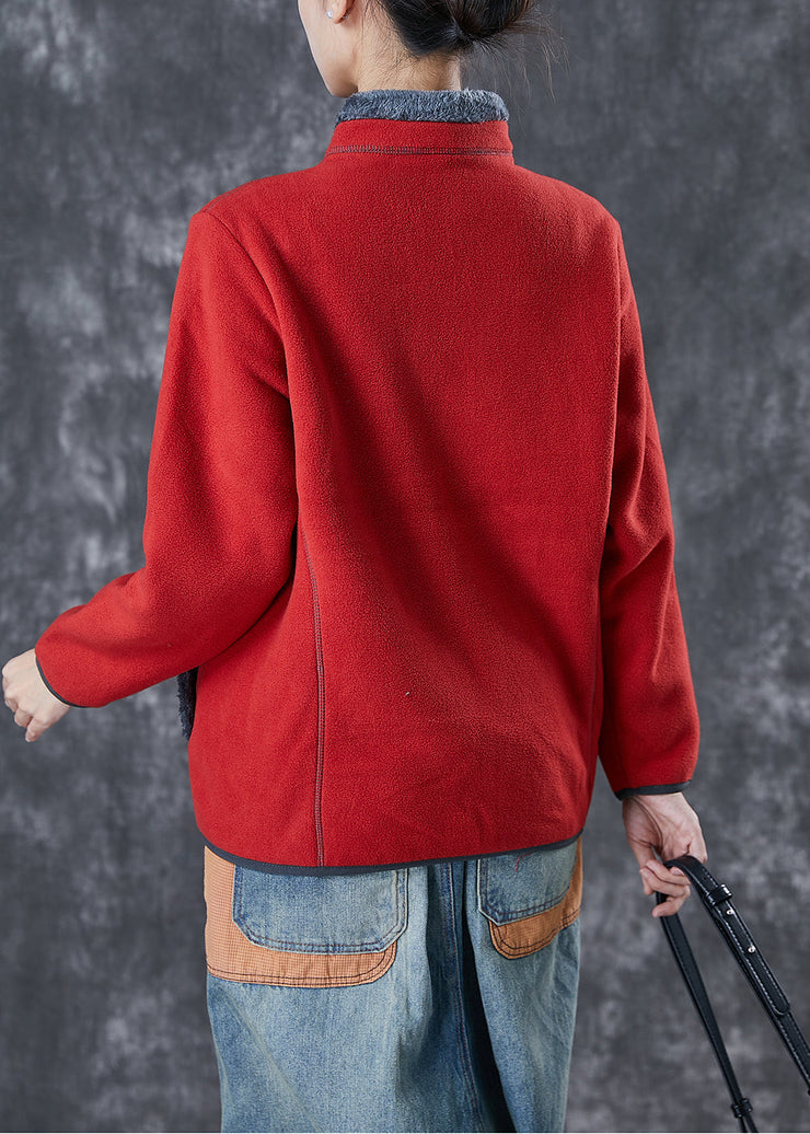 Simple Red Embroidered Warm Fleece Coat Winter