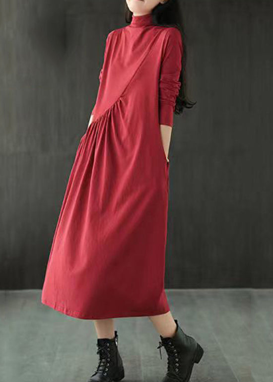 Simple Red Hign Neck Wrinkled Patchwork Cotton Long Dresses Fall