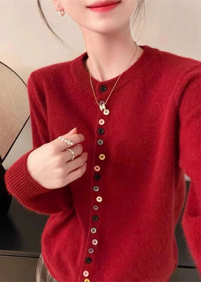 Simple Red O Neck Button Solid Woolen Coats Spring