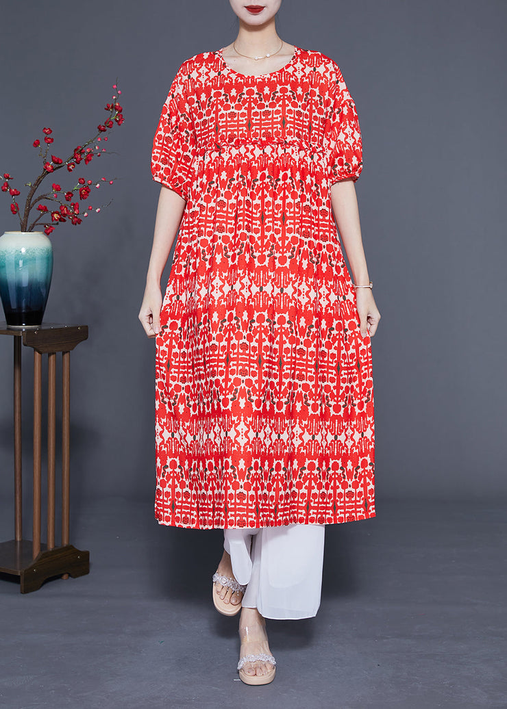 Simple Red O-Neck Ruffled Print Silk Holiday Dress Summer