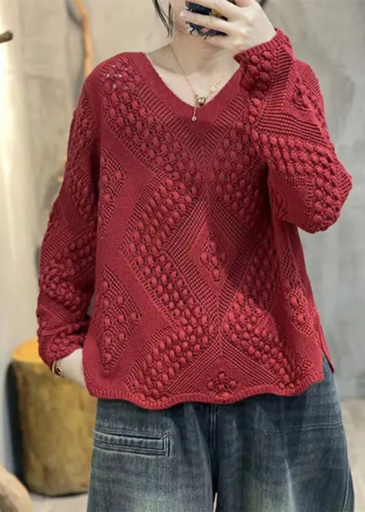 Simple Red Oversized Hollow Out Knit Pullover Spring