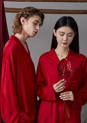 Simple Red Peter Pan Collar Button Solid Ice Silk Couple Pajamas Two Pieces Set Long Sleeve