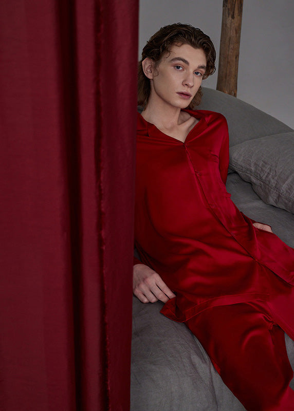 Simple Red Peter Pan Collar Button Solid Ice Silk Couple Pajamas Two Pieces Set Long Sleeve