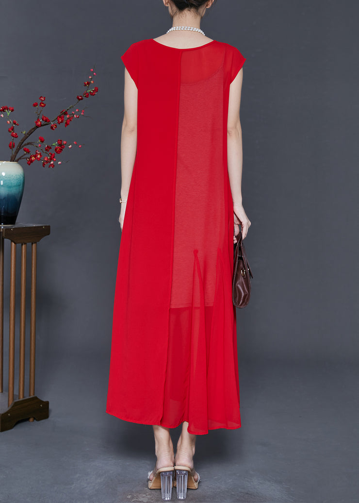 Simple Red Silm Fit Draping Chiffon Robe Dresses Summer