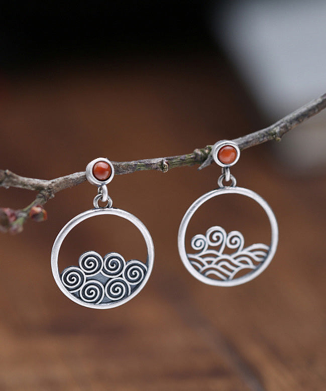 Simple Red Silver Inlaid Agate Hoop Earrings