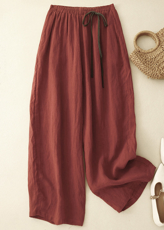 Simple Red Solid Elastic Waist Cotton Crop Pants Summer