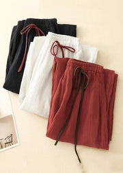 Simple Red Solid Elastic Waist Cotton Crop Pants Summer