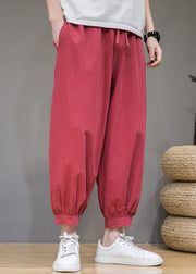Simple Red Solid Pockets Elastic Waist Cotton Men Crop Pants Summer