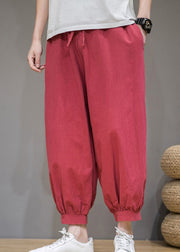 Simple Red Solid Pockets Elastic Waist Cotton Men Crop Pants Summer