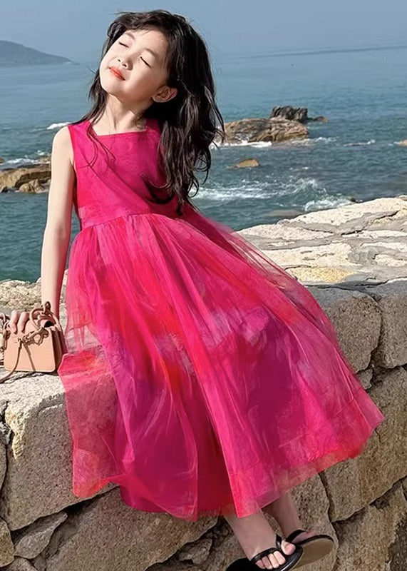 Simple Red Square Collar Patchwork Tulle Girls Long Holiday Dress Sleeveless